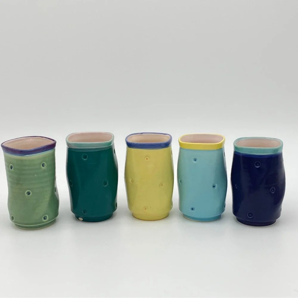 Studio Pottery Dimple Tumblers Set of 5 Handcrafted Colorful Ceramic Cups BM